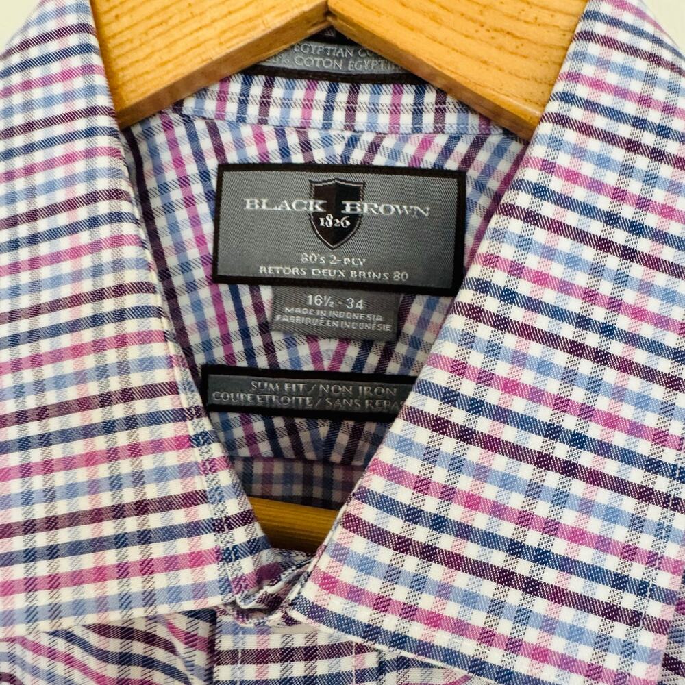 Black Brown 1826 Mens Check Plaid Egyptian Cotton Slim Fit Blue Magenta Shirt L